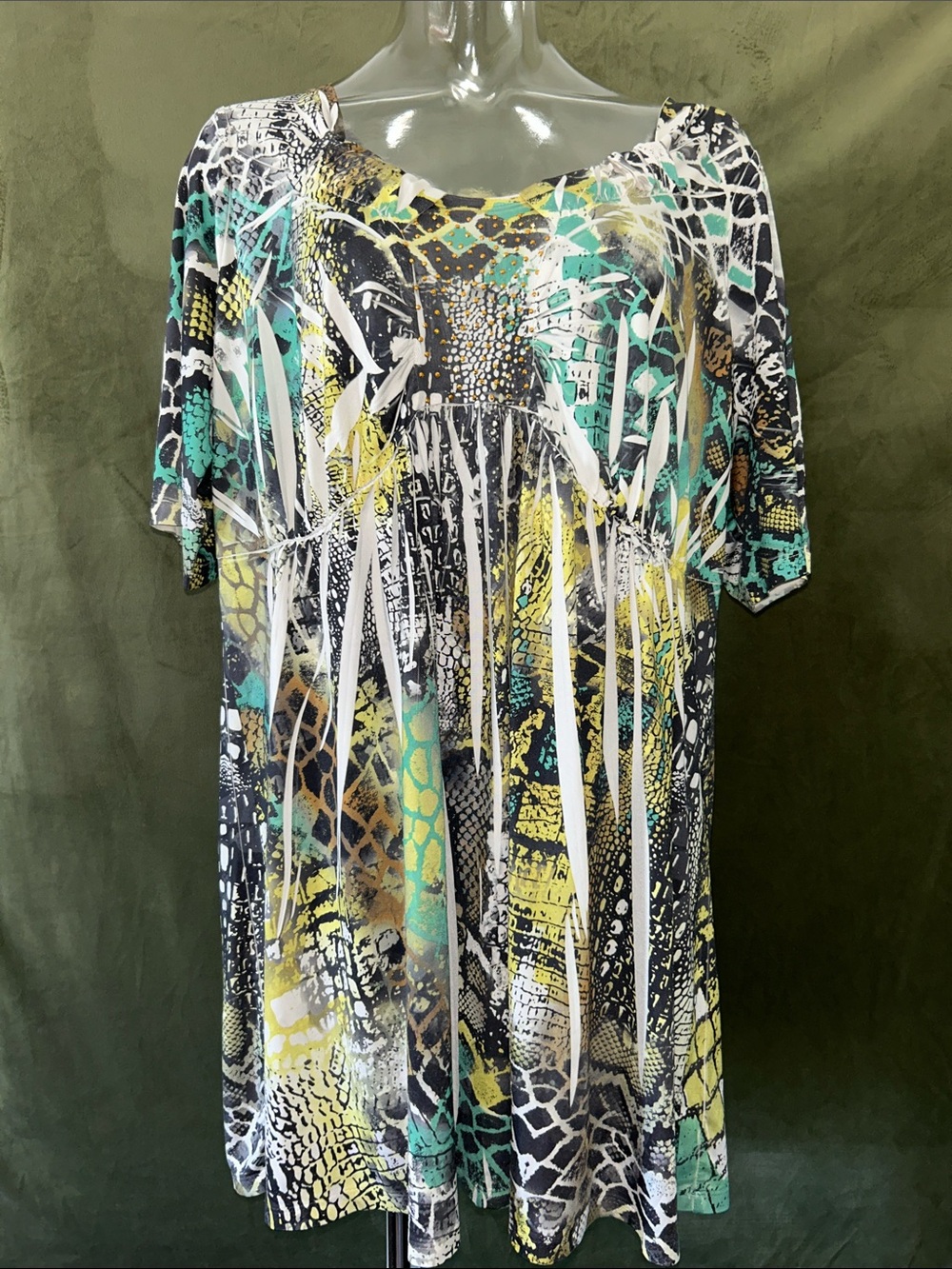 ONE WORLD Abstract Short-Sleeve Tunic in Teal, Yellow & Black